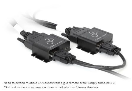 Need to extend multiple CAN buses from e.g. a remote area? Simply combine 2 x CANmod.routers in mux-mode to automatically mux/demux the data Need to extend multiple CAN buses from e.g. a remote area? Simply combine 2 x CANmod.routers in mux-mode to automatically mux/demux the data