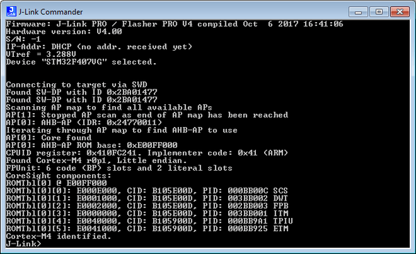 Verifying target device connection with J-Link Commander