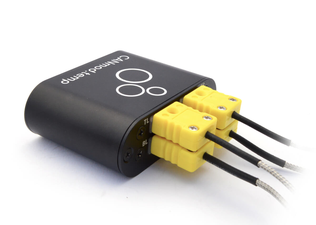 The CANmod.temp module lets you connect up to 4 thermocouple probes (of configurable type) and output the temperature data via configurable CAN frames into any CAN bus